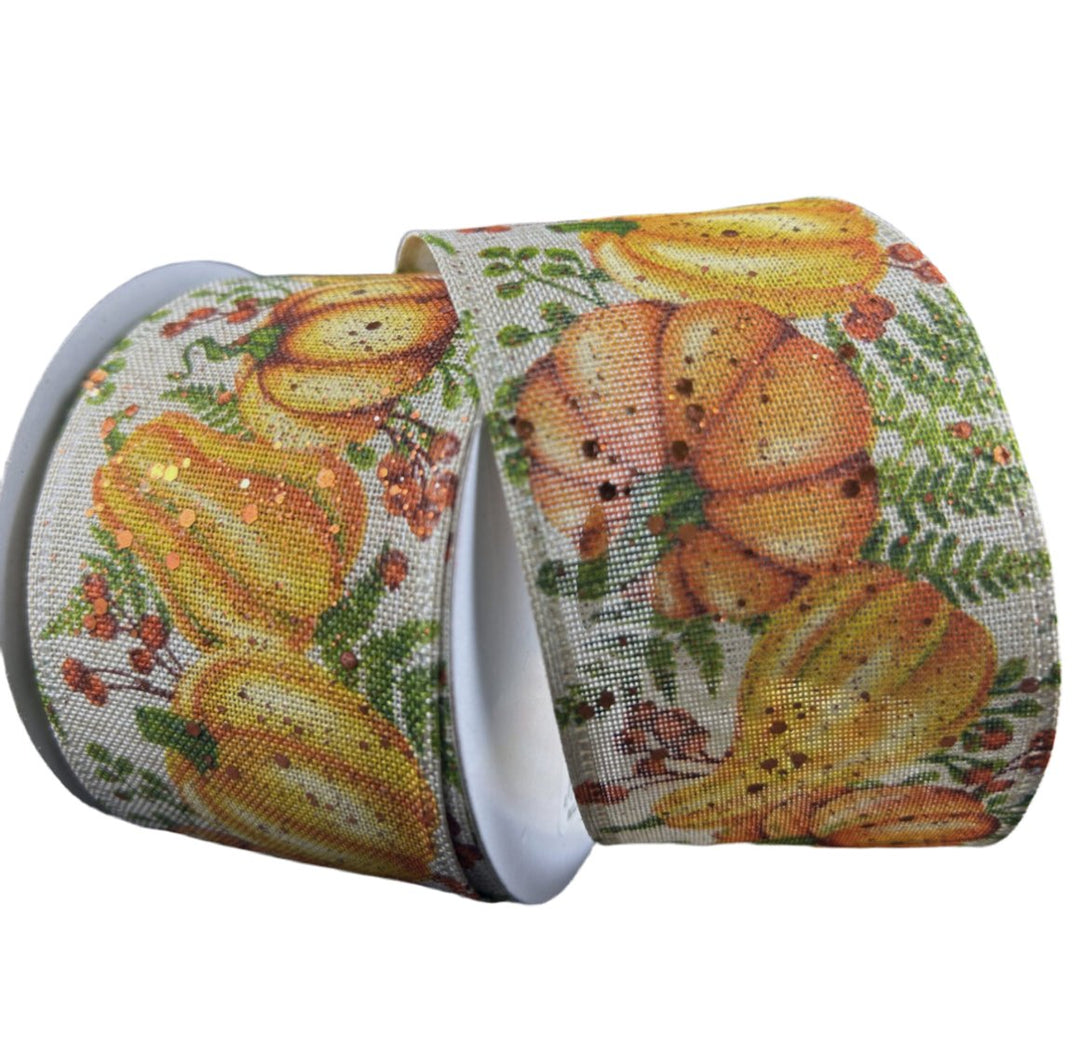 Orange and green pumpkins wired ribbon, 2.5" - Greenery MarketWired ribbon65436 - 40 - 15