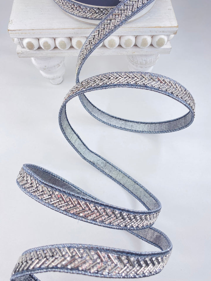 Pewter Chevron Crystal Trim Farrisilk Wired Ribbon - .75" - Greenery MarketRK812 - 53