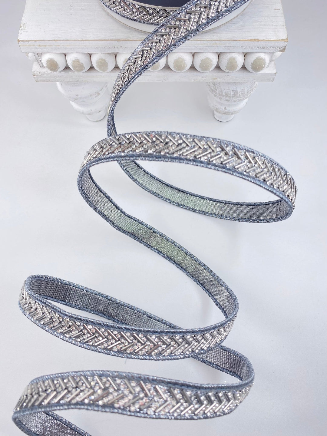 Pewter Chevron Crystal Trim Farrisilk Wired Ribbon - .75" - Greenery MarketRK812 - 53