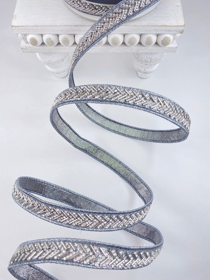 Pewter Chevron Crystal Trim Farrisilk Wired Ribbon - .75" - Greenery MarketRK812 - 53