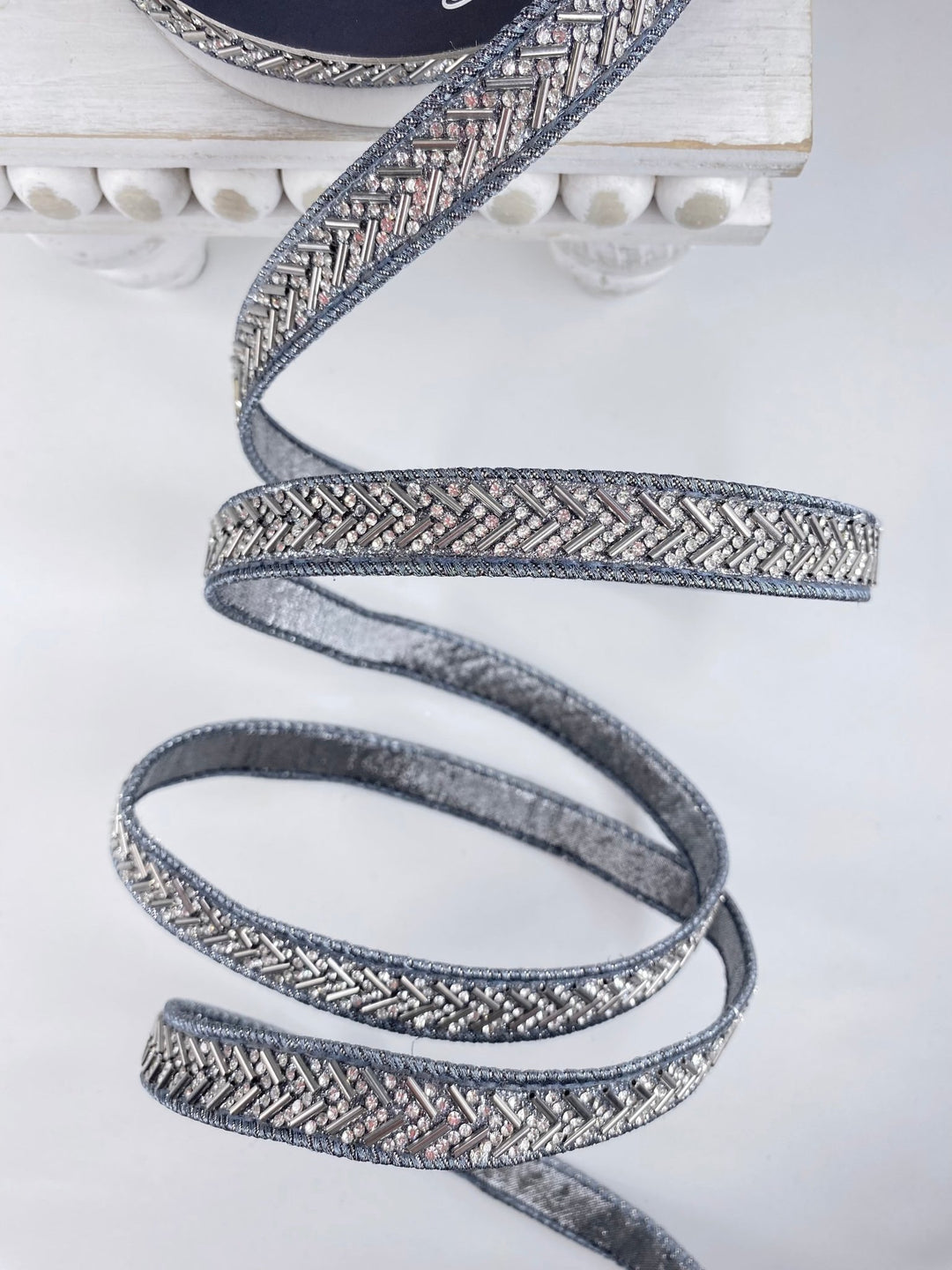 Pewter Chevron Crystal Trim Farrisilk Wired Ribbon - .75" - Greenery MarketRK812 - 53