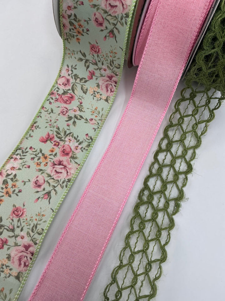 Pink and Green Floral bow bundle x 3 wired ribbons - Greenery MarketWired ribbonGreenfloralX3