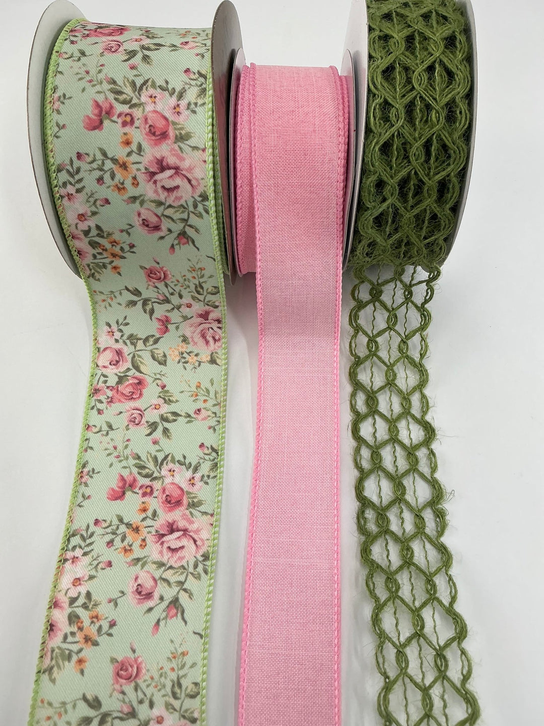 Pink and Green Floral bow bundle x 3 wired ribbons - Greenery MarketWired ribbonGreenfloralX3