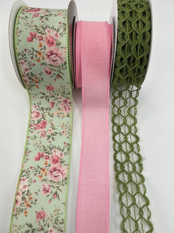 Pink and Green Floral bow bundle x 3 wired ribbons - Greenery MarketWired ribbonGreenfloralX3