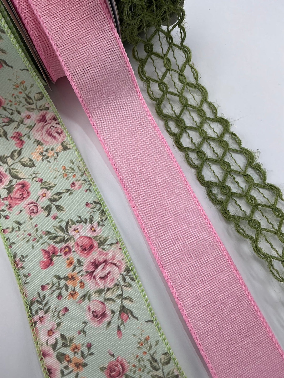 Pink and Green Floral bow bundle x 3 wired ribbons - Greenery MarketWired ribbonGreenfloralX3