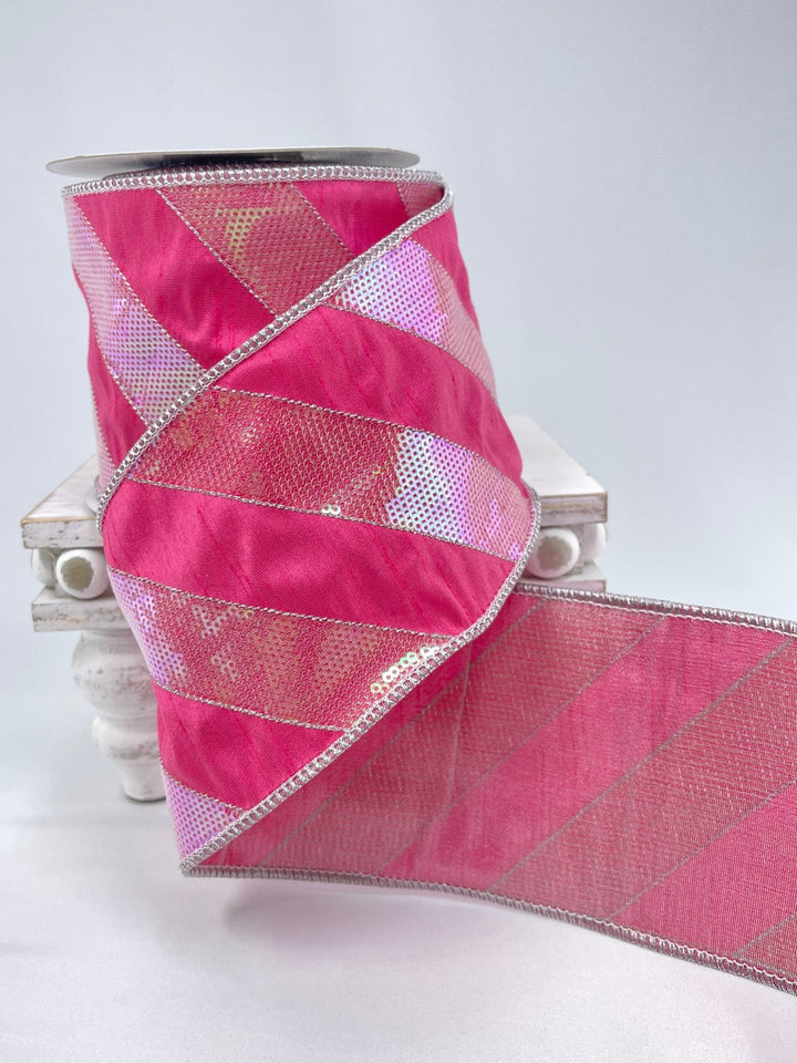 Pink and iridescent sequin stripe ribbon - 4” - Greenery MarketWired ribbonMTX72702 DKPK
