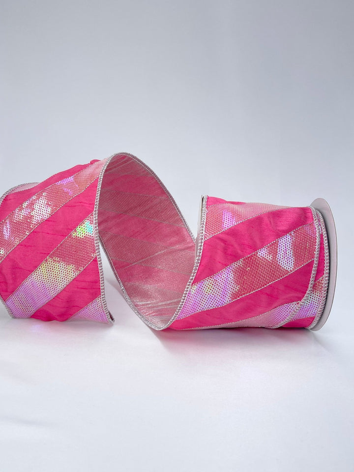 Pink and iridescent sequin stripe ribbon - 4” - Greenery MarketWired ribbonMTX72702 DKPK