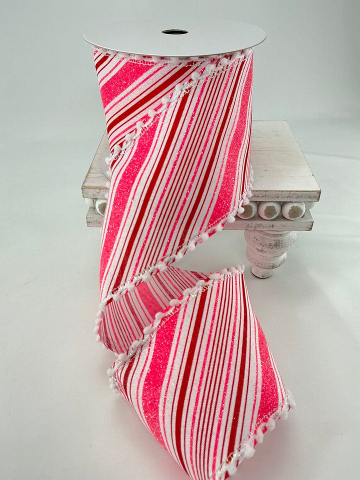 Pink and red stripe ribbon with pompom edge - 4” - Greenery MarketWired ribbonMTX62876