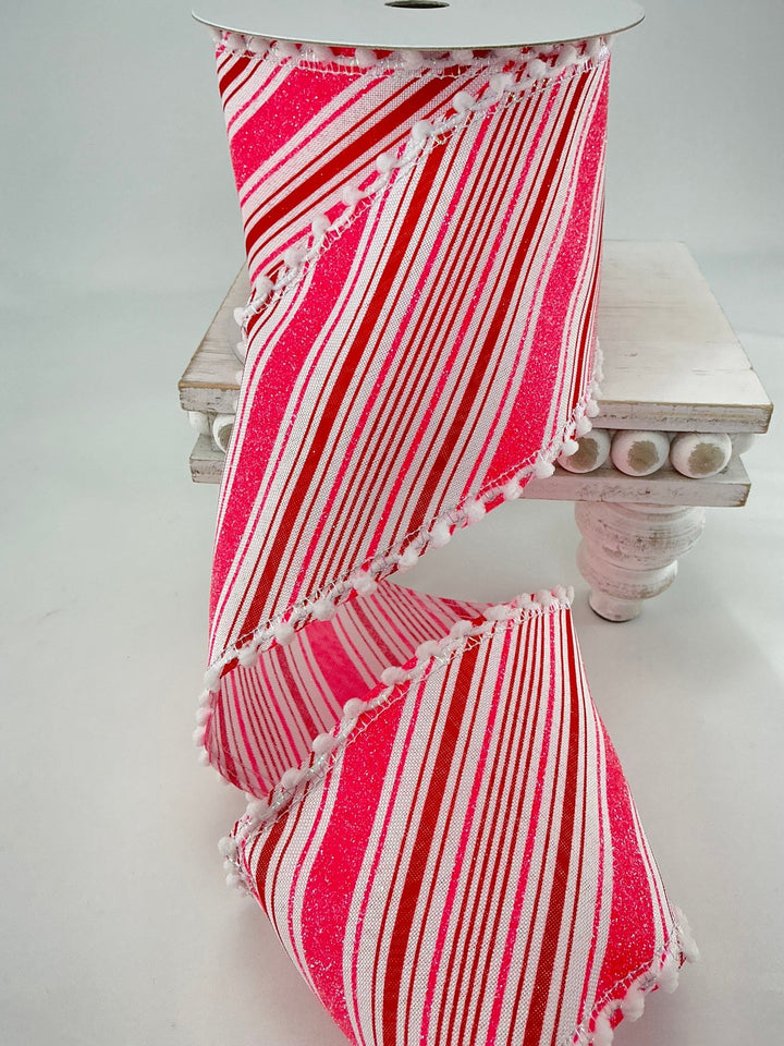 Pink and red stripe ribbon with pompom edge - 4” - Greenery MarketWired ribbonMTX62876