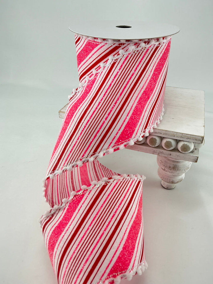Pink and red stripe ribbon with pompom edge - 4” - Greenery MarketWired ribbonMTX62876