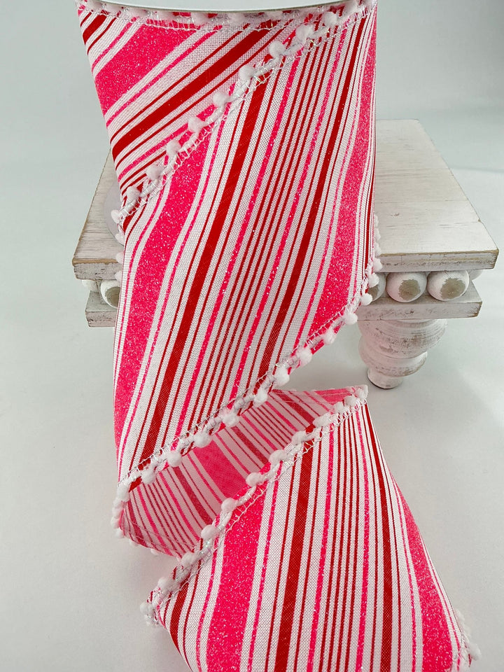 Pink and red stripe ribbon with pompom edge - 4” - Greenery MarketWired ribbonMTX62876