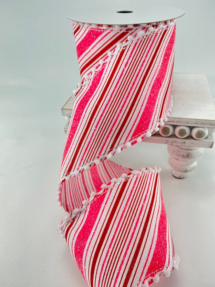 Pink and red stripe ribbon with pompom edge - 4” - Greenery MarketWired ribbonMTX62876