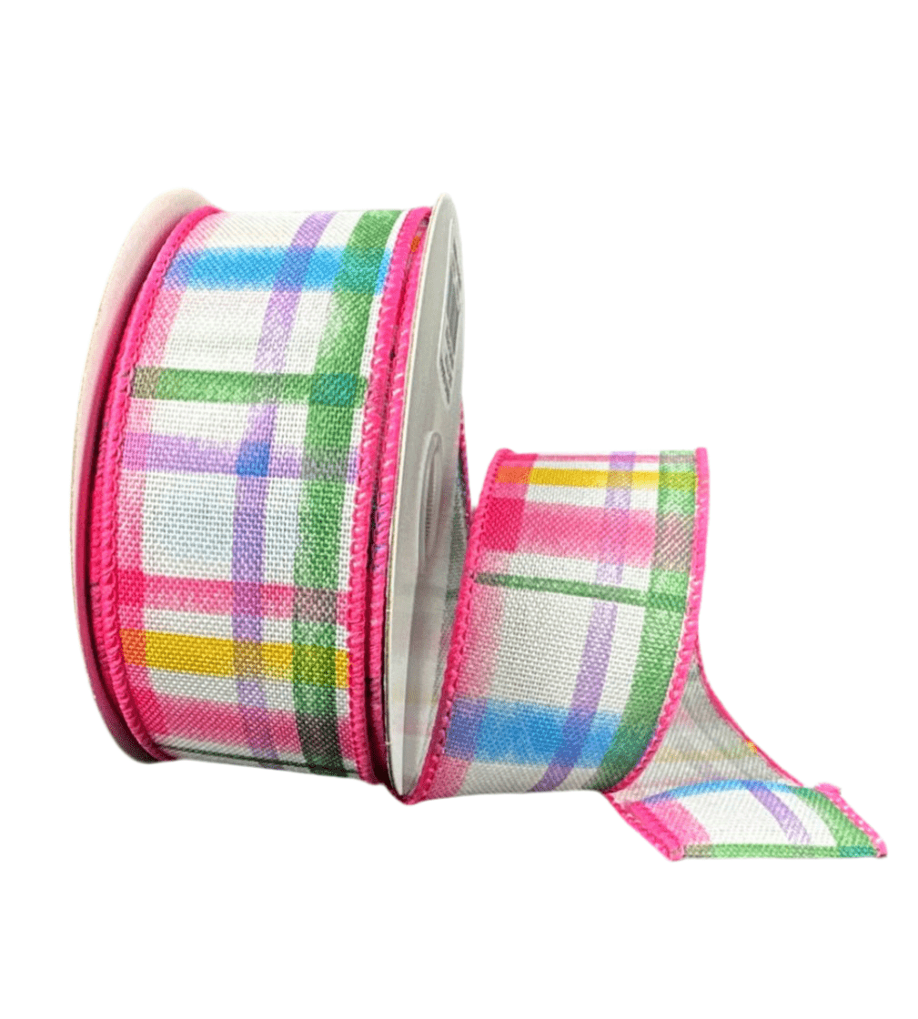 Pink, blue, lavender and green plaid wired ribbon - Greenery Marketwired ribbon41545 - 09 - 01