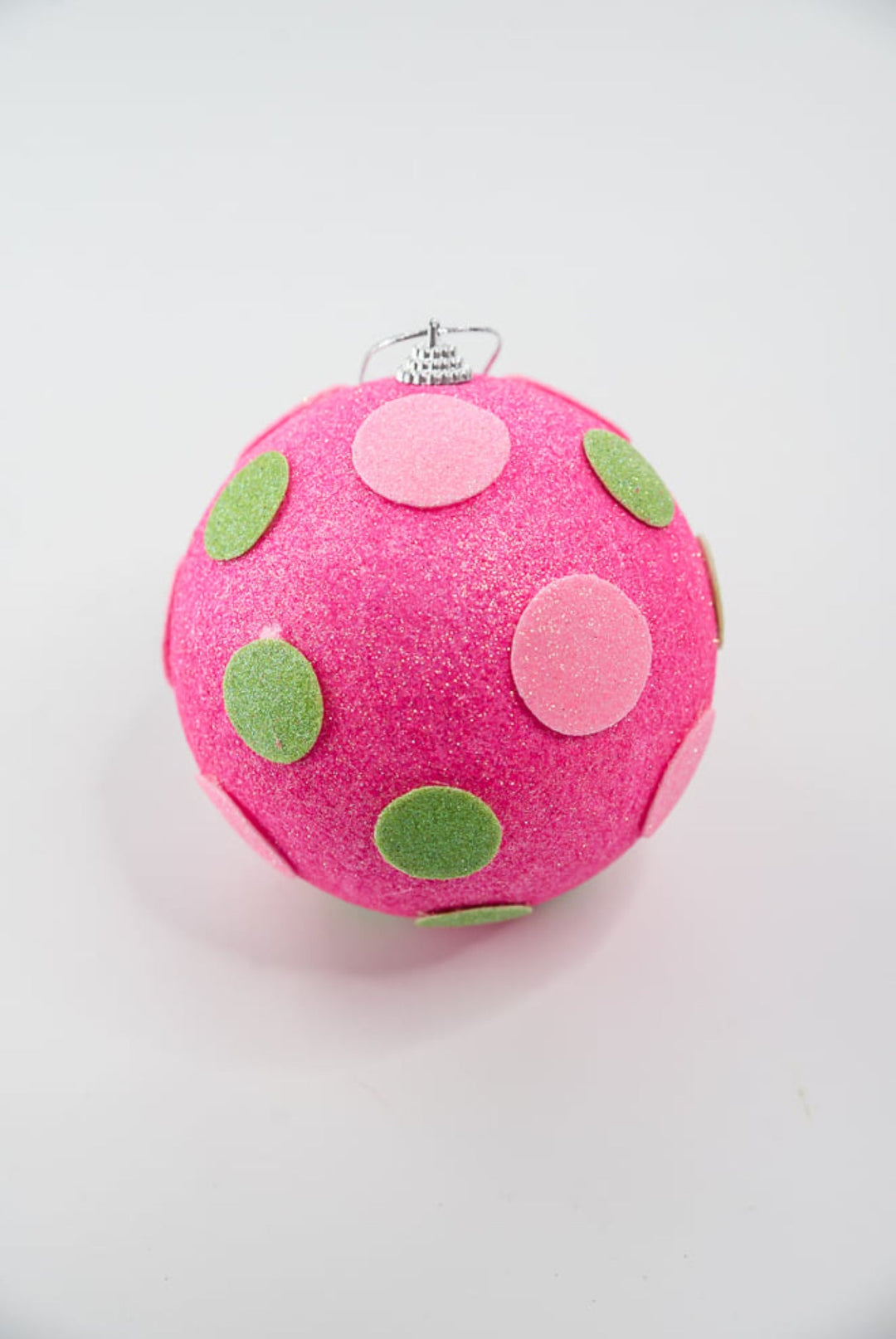 Pink glittered balls with lime green and pink dots ball ornaments - Greenery MarketOrnamentsGM2115PKGN