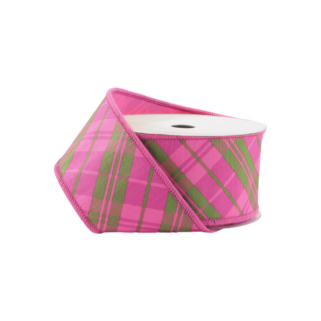Pink & Multi Plaid Bias Wired Dupioni Ribbon - 4" - Greenery Market9003W - 175 - 100E