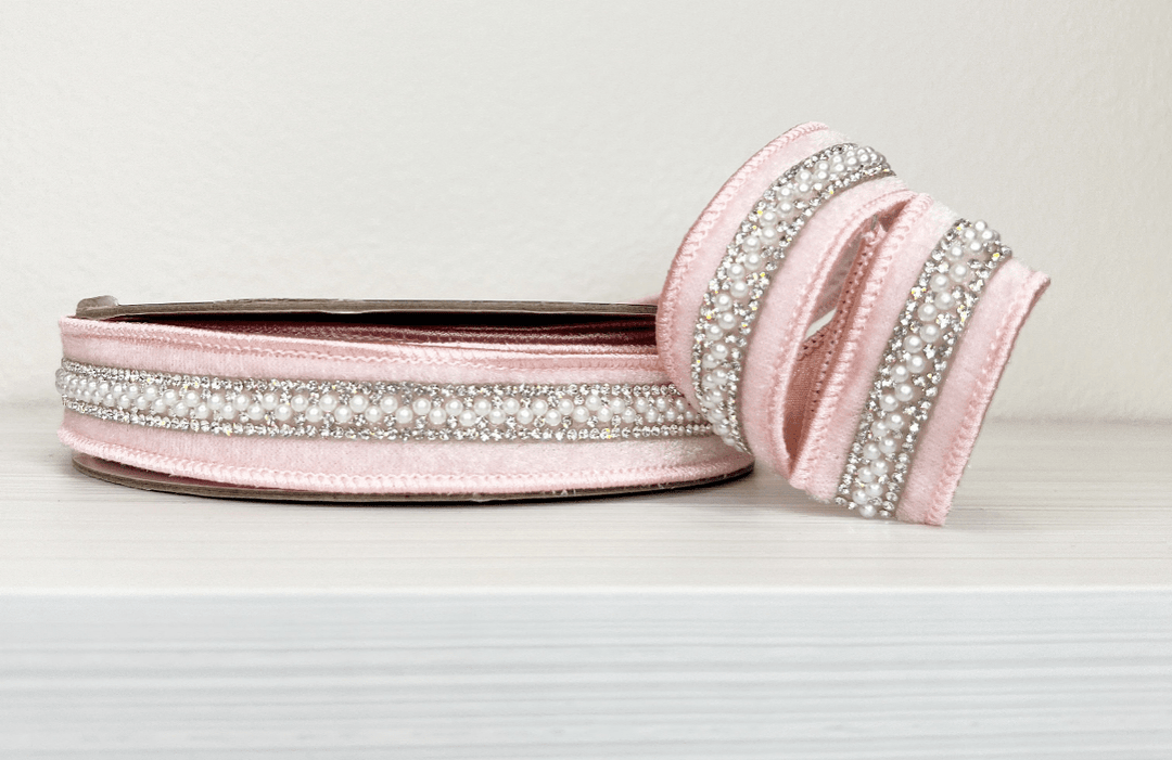 Pink Velvet with Pearl and Bling Lux Trim Wired Ribbon - 1" - Greenery Market25 - C978 - 4