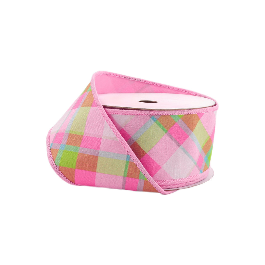 Pink & White Plaid Bias Wired Dupioni Ribbon - 4" - Greenery Market9003W - 150 - 100E