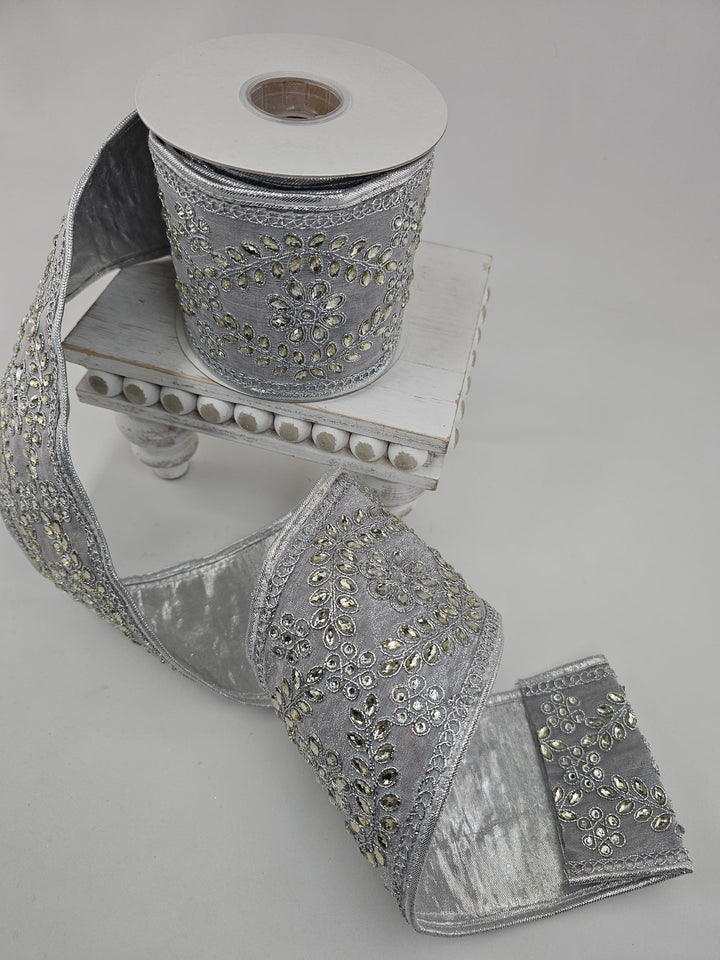 Platinum Trim On Dupioni Metallic Ribbon - 4" - Greenery MarketXR595/4PT