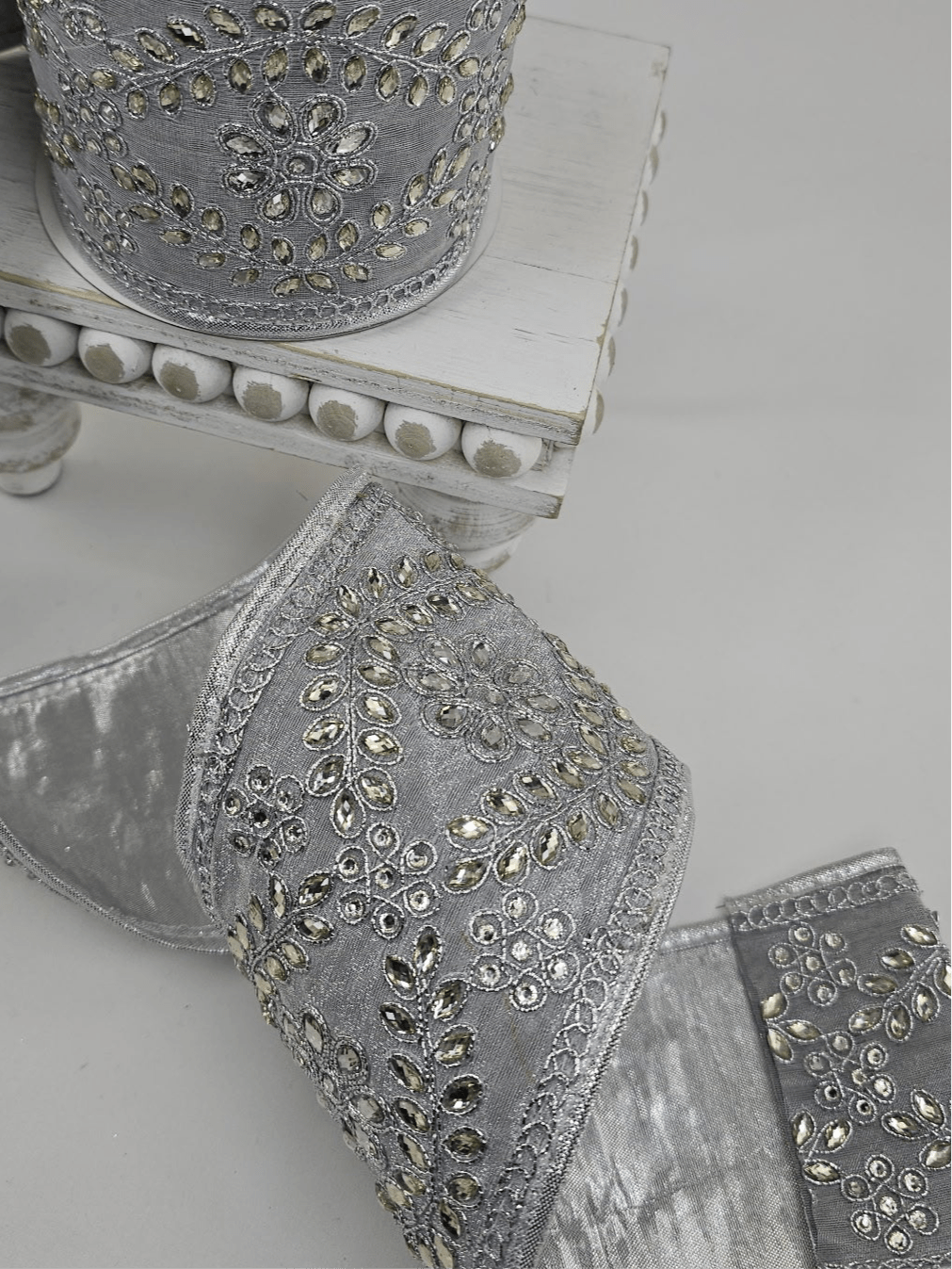 Platinum Trim On Dupioni Metallic Ribbon - 4" - Greenery MarketXR595/4PT