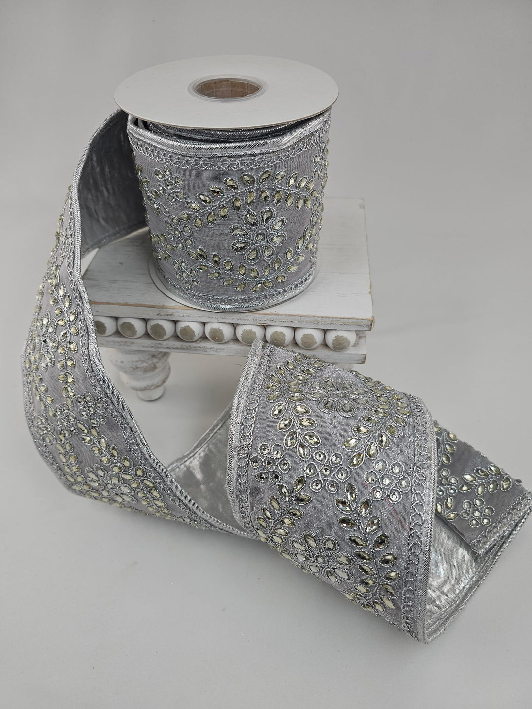 Platinum Trim On Dupioni Metallic Ribbon - 4" - Greenery MarketXR595/4PT