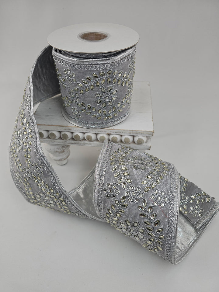 Platinum Trim On Dupioni Metallic Ribbon - 4" - Greenery MarketXR595/4PT