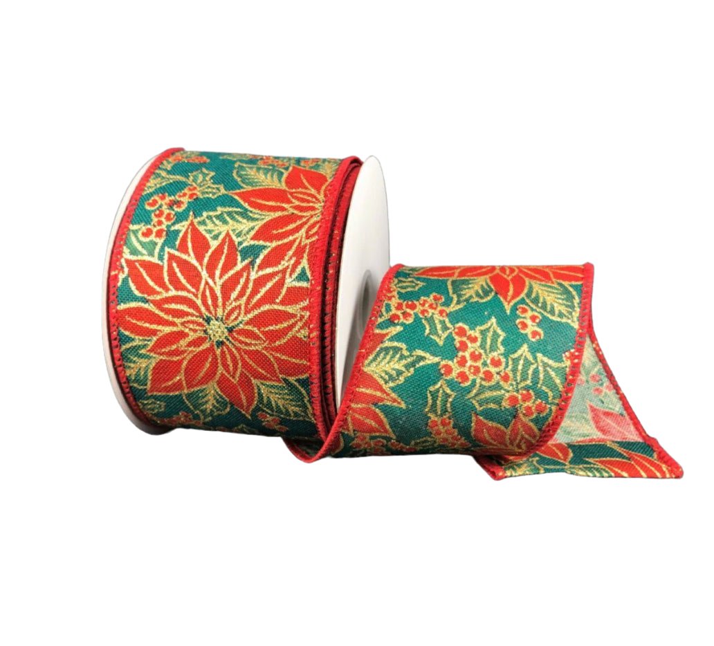 Poinsettias with gold accent Wired ribbon 2.5” - Greenery MarketWired ribbon71273-40-17