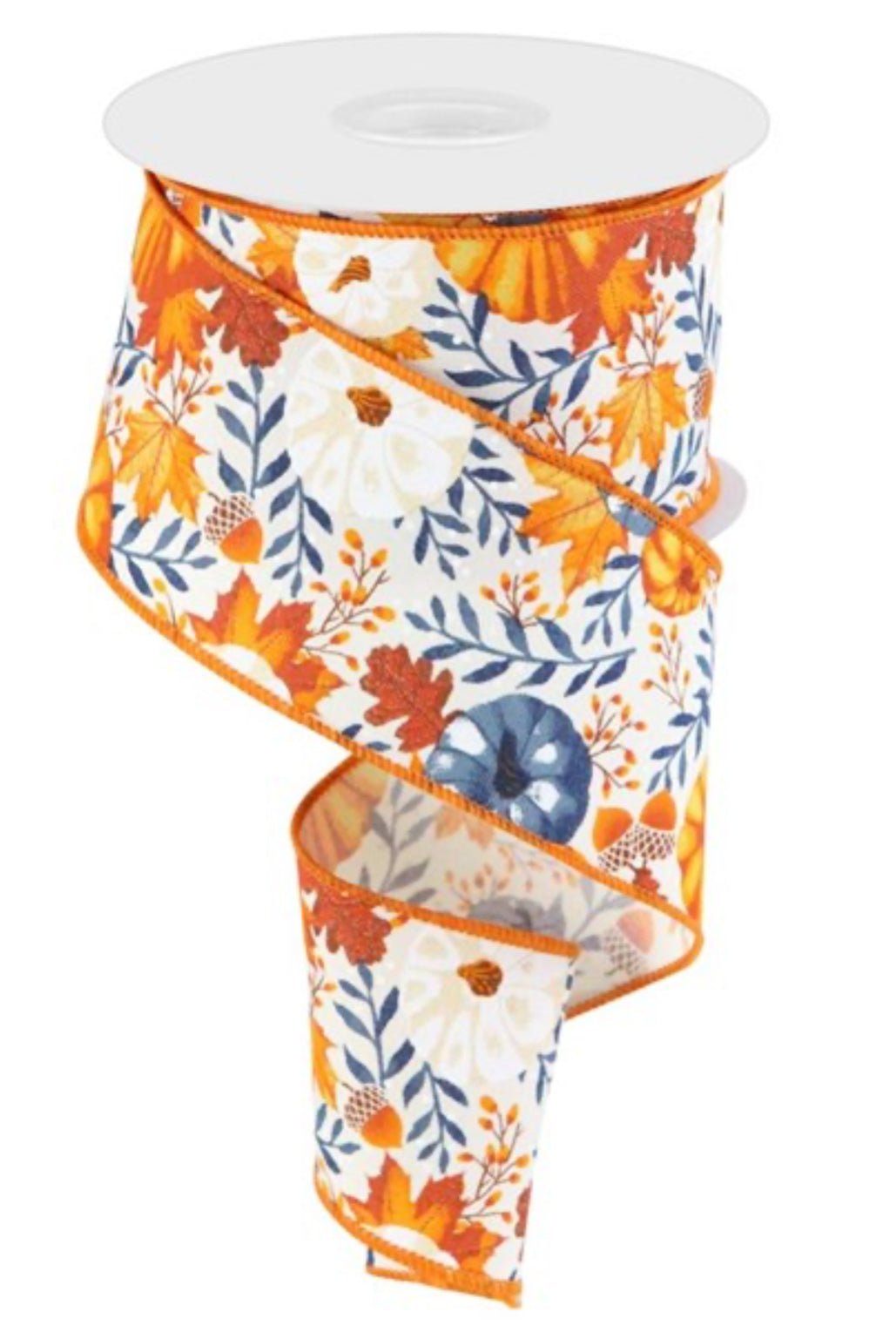 Pumpkin and foliage with blue wired ribbon 2.5” - Greenery MarketWired ribbonRGB108130