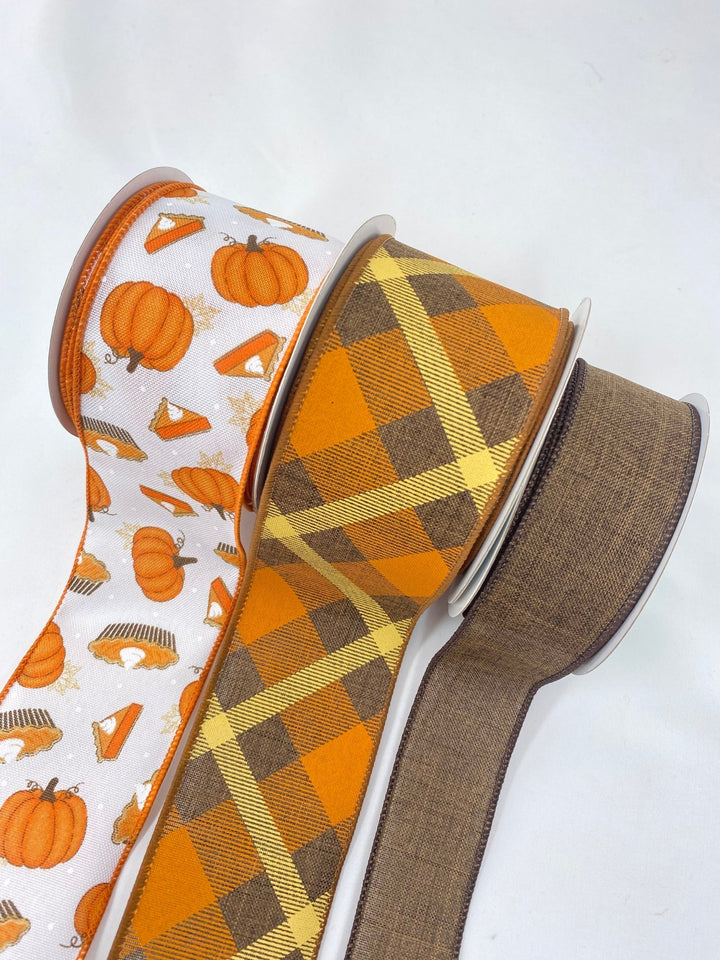 Pumpkin pie bow bundle x 3 coordinating wired ribbons - Greenery MarketWired ribbonPieX3