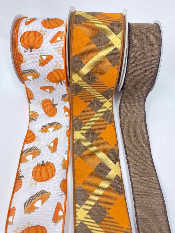 Pumpkin pie bow bundle x 3 coordinating wired ribbons - Greenery MarketWired ribbonPieX3