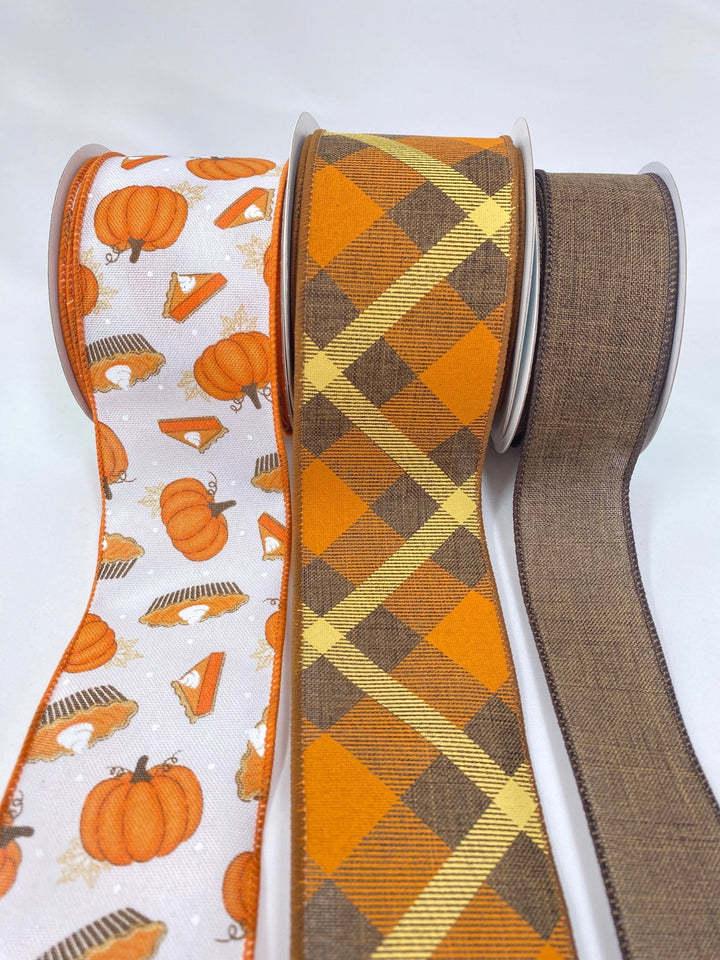 Pumpkin pie bow bundle x 3 coordinating wired ribbons - Greenery MarketWired ribbonPieX3