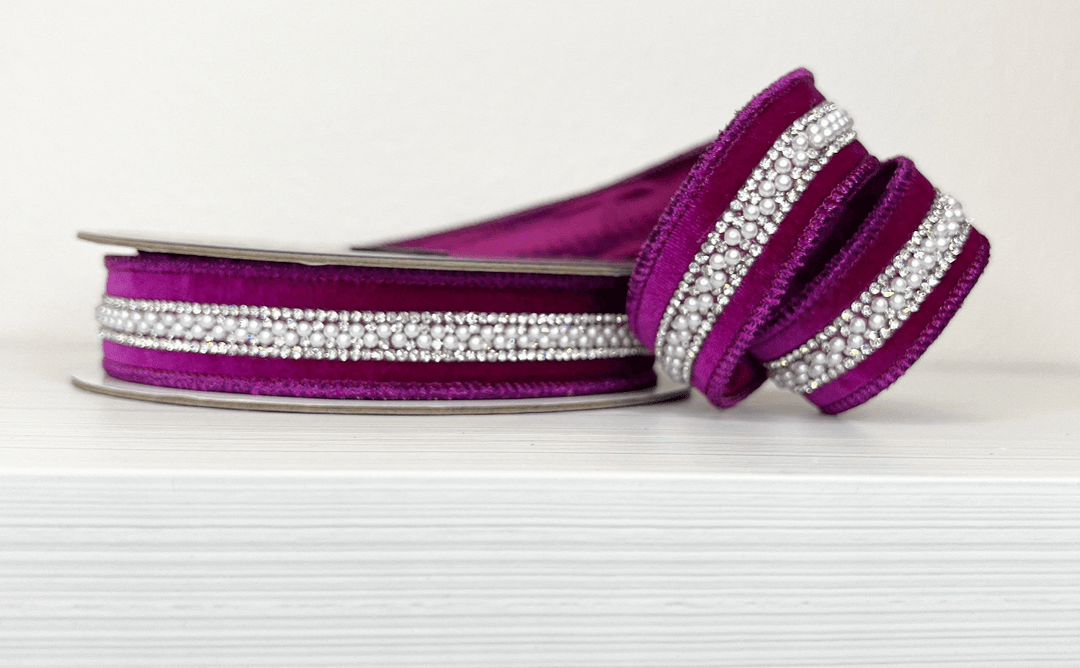 Purple Bling and Pearl Velvet Wired Ribbon - 1" - Greenery Market25 - C978 - 7