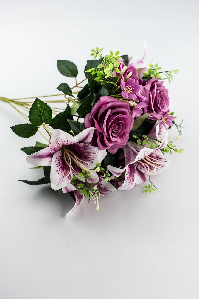 Purple Tiger Lily And Rose Flower Bush - Greenery MarketArtificial Flora85020 - PU
