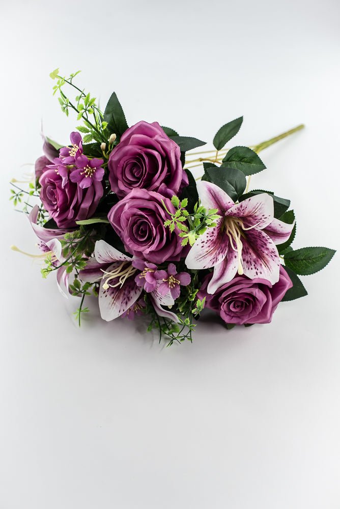Purple Tiger Lily And Rose Flower Bush - Greenery MarketArtificial Flora85020 - PU