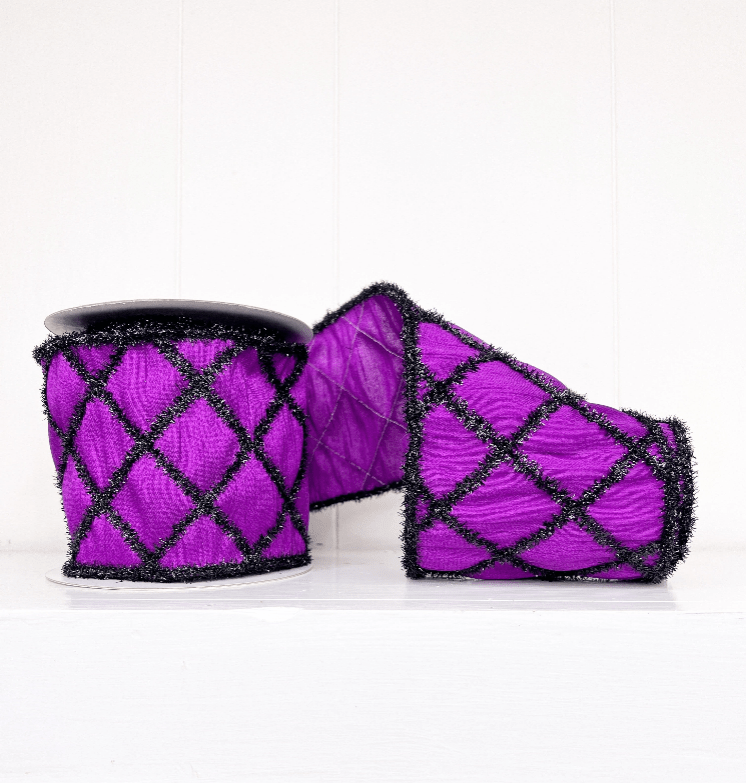 Purple Tinsel Black Diamond Dupioni Wired Ribbon - 4" - Greenery Market2116PU