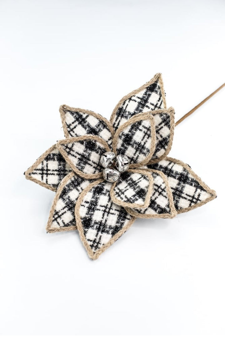 Raz black and white plaid poinsettia stem - Greenery MarketF4306712