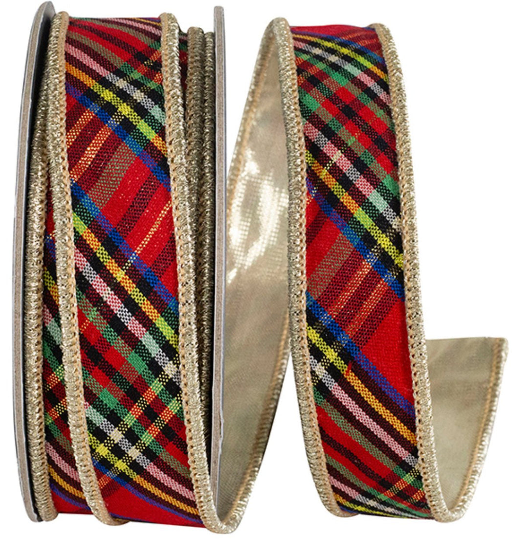 Red and green holiday plaid diagonal ribbon 7/8” - Greenery MarketWired ribbon94593W - 065 - 05F