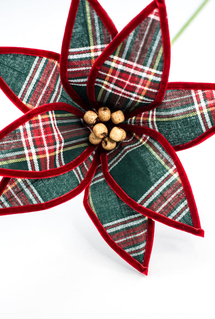 Red and green plaid poinsettia stem - Greenery Market86118RWG