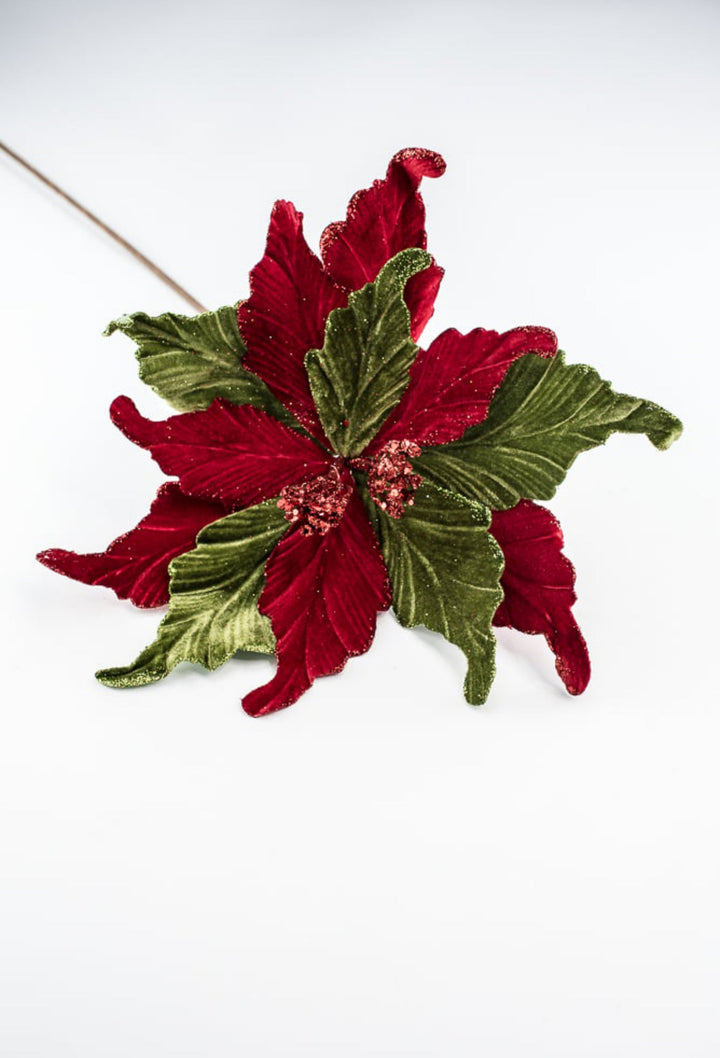 Red and green velvet poinsettias stem - Greenery MarketMTX64331 RDGR