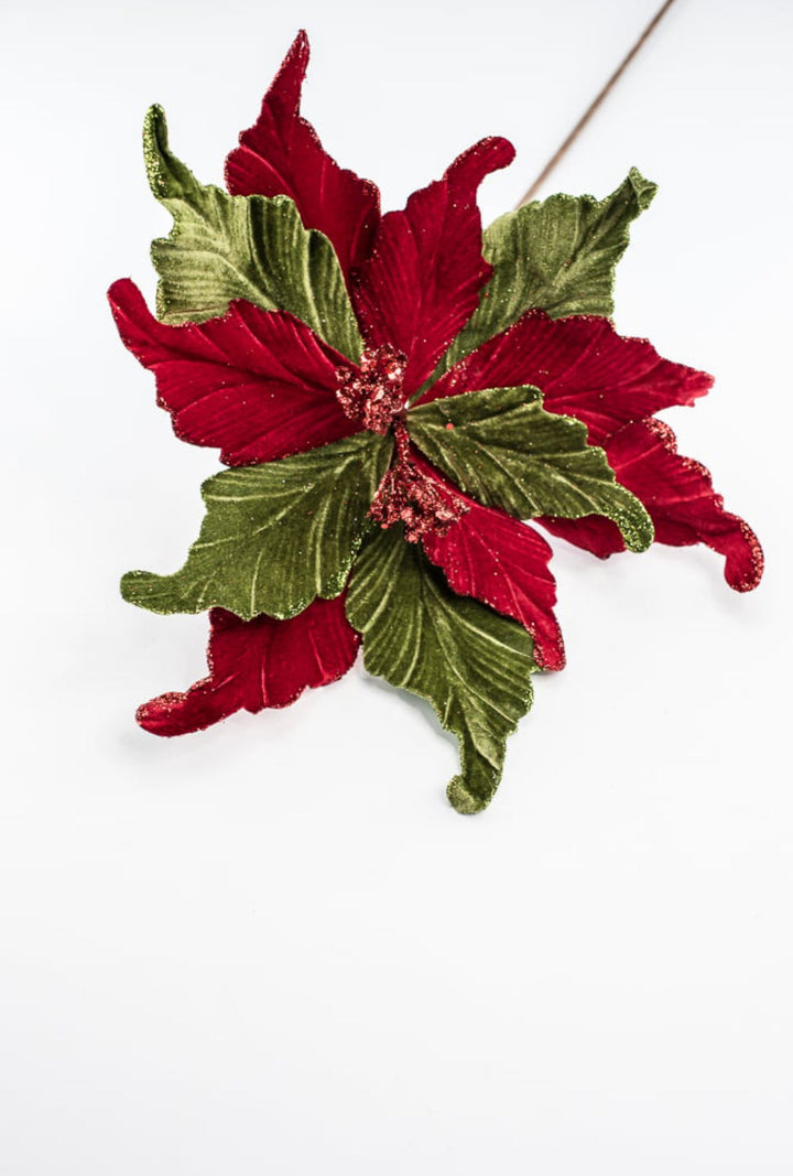 Red and green velvet poinsettias stem - Greenery MarketMTX64331 RDGR