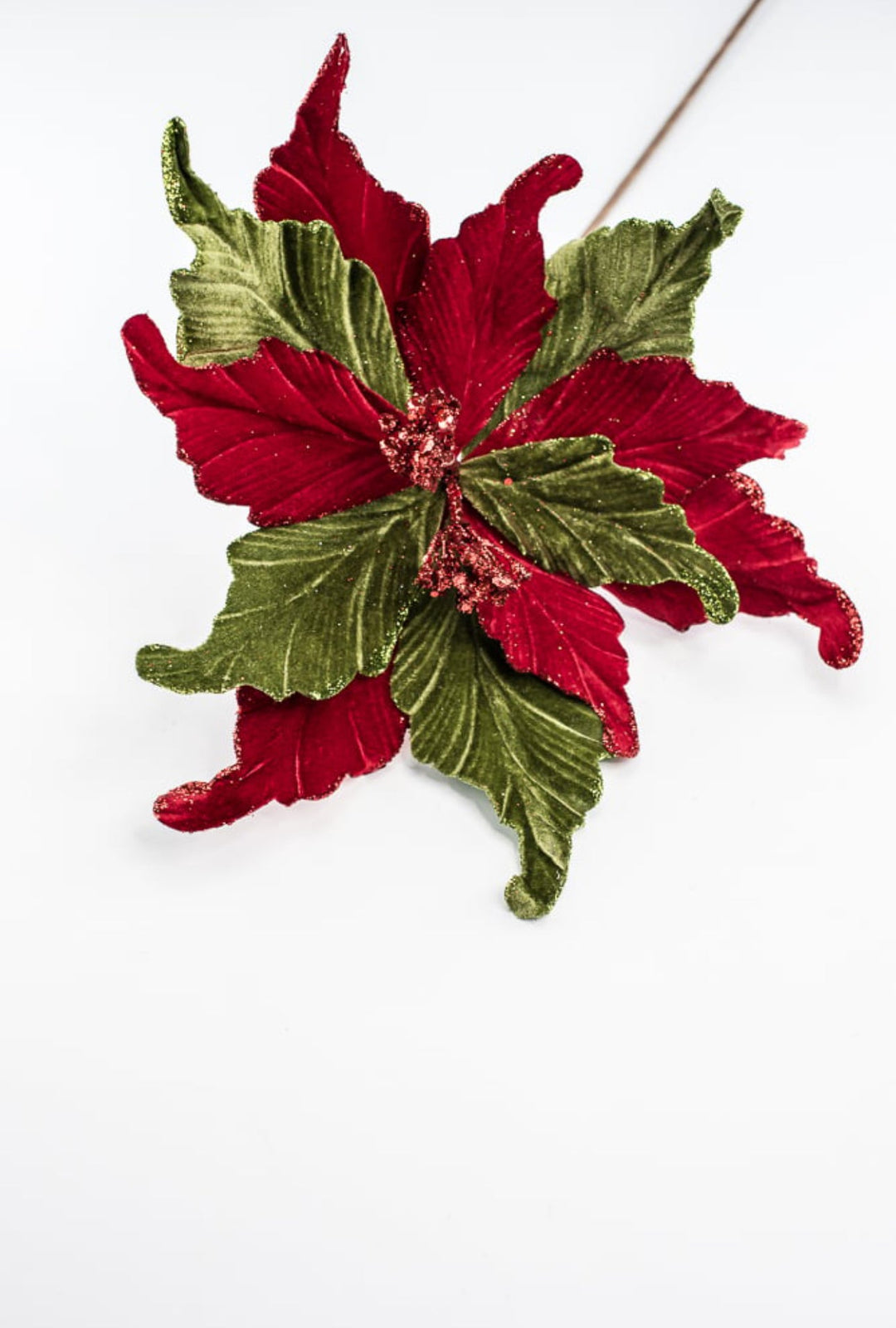 Red and green velvet poinsettias stem - Greenery MarketMTX64331 RDGR