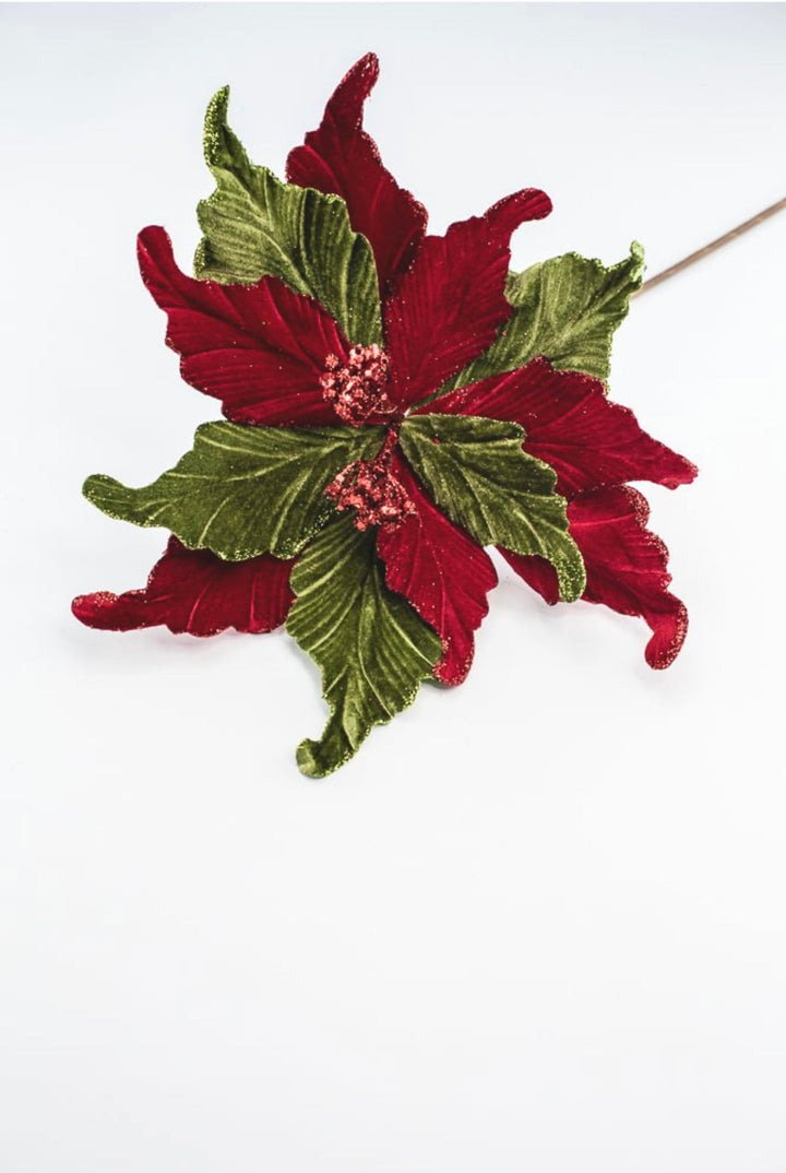Red and green velvet poinsettias stem - Greenery MarketMTX64331 RDGR