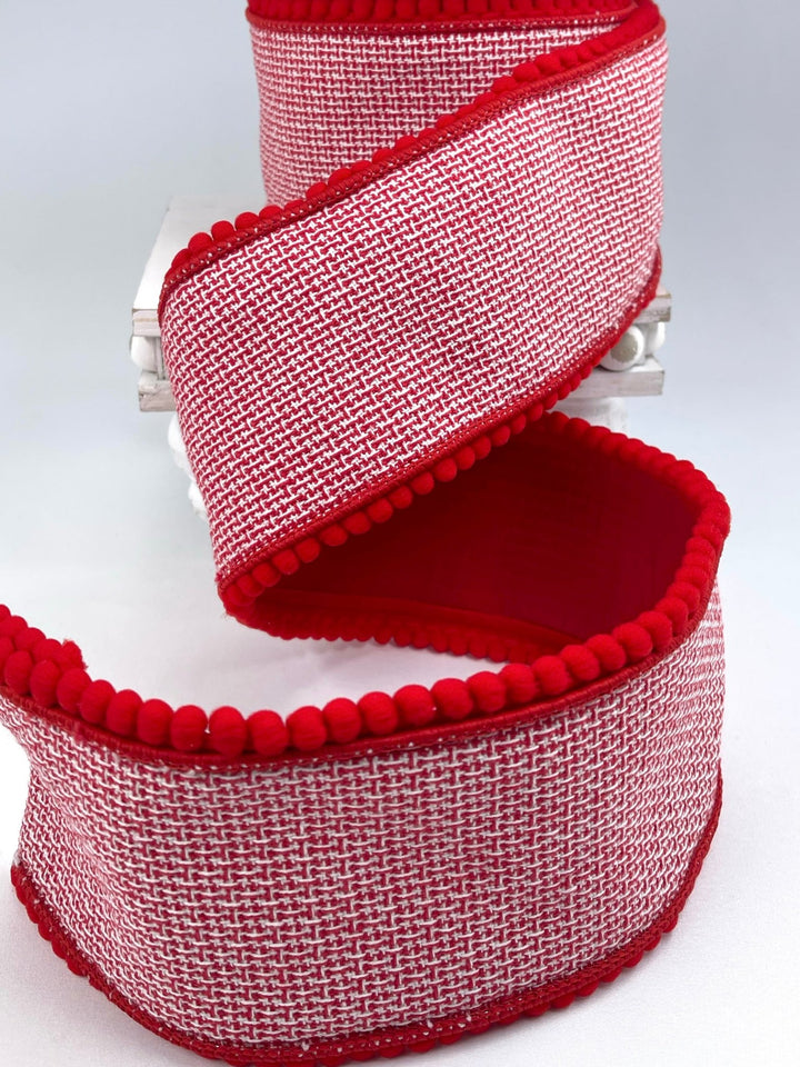 Red and white pompom edge 4” wired ribbon - Greenery MarketMTX69503 RDWH
