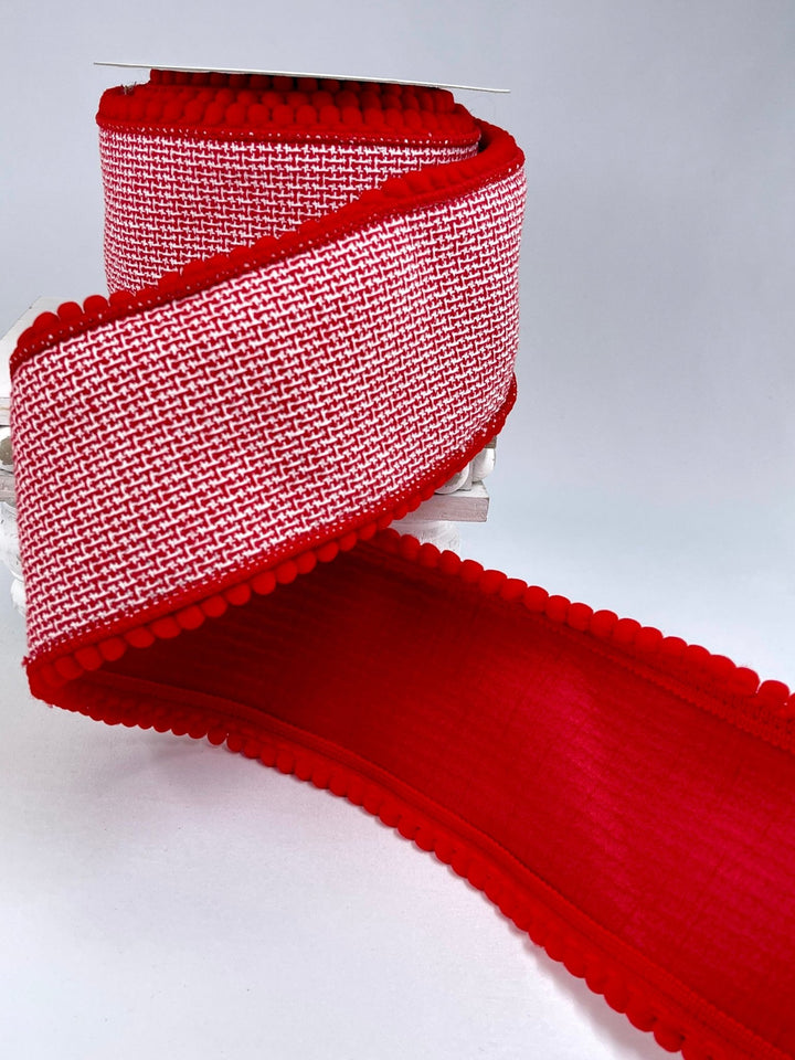 Red and white pompom edge 4” wired ribbon - Greenery MarketMTX69503 RDWH