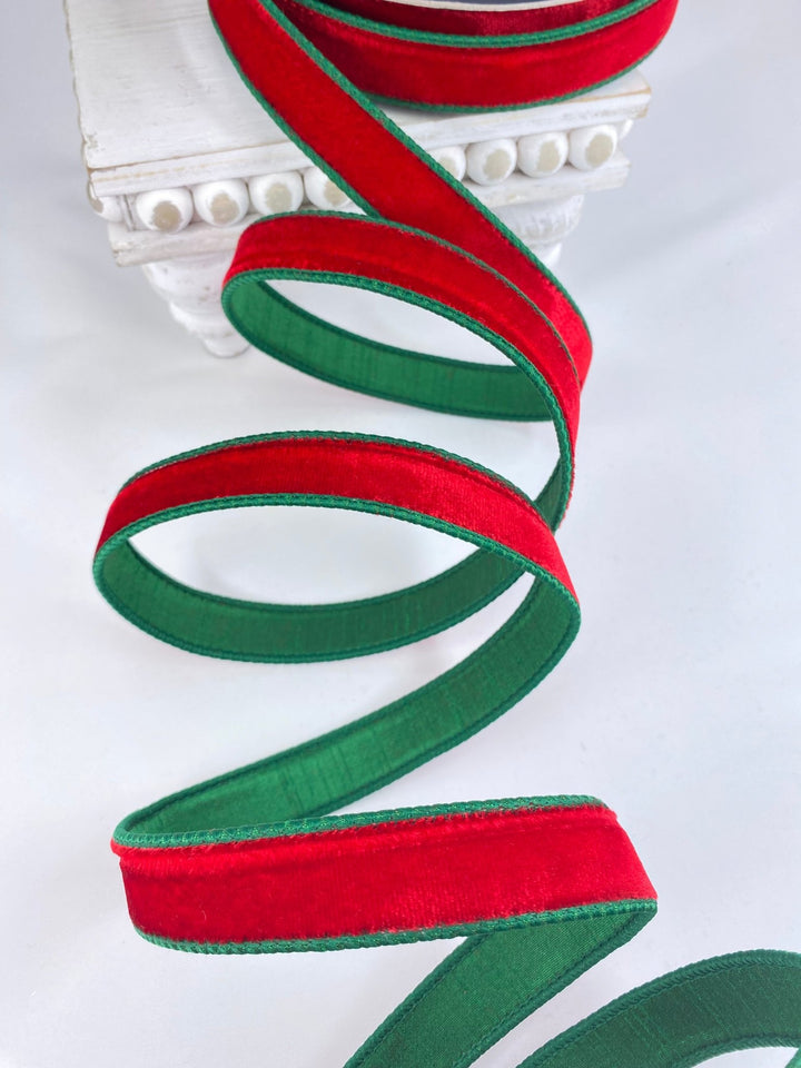 Red & Emerald 2 Tone Velvet Farrisilk Wired Ribbon - 1" - Greenery MarketRK130 - 01