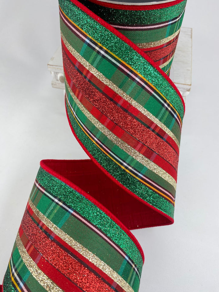 Red & Emerald Glitzy Plaid Farrisilk Wired Ribbon - 4" - Greenery MarketRG632 - 47