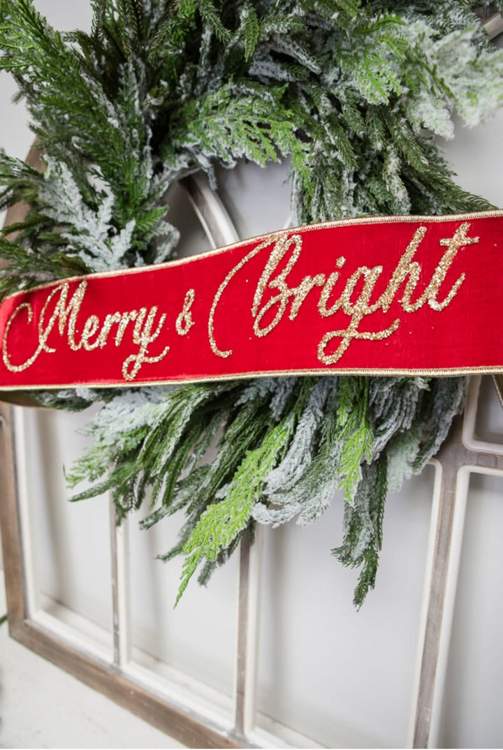 Red Farrisilk velvet Merry & Bright banner - 4” - Greenery Marketwired ribbonRG833 - 02