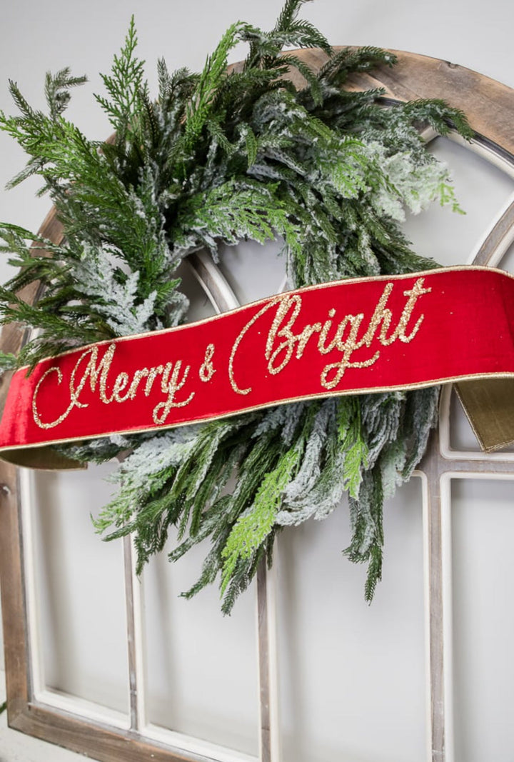 Red Farrisilk velvet Merry & Bright banner - 4” - Greenery Marketwired ribbonRG833 - 02