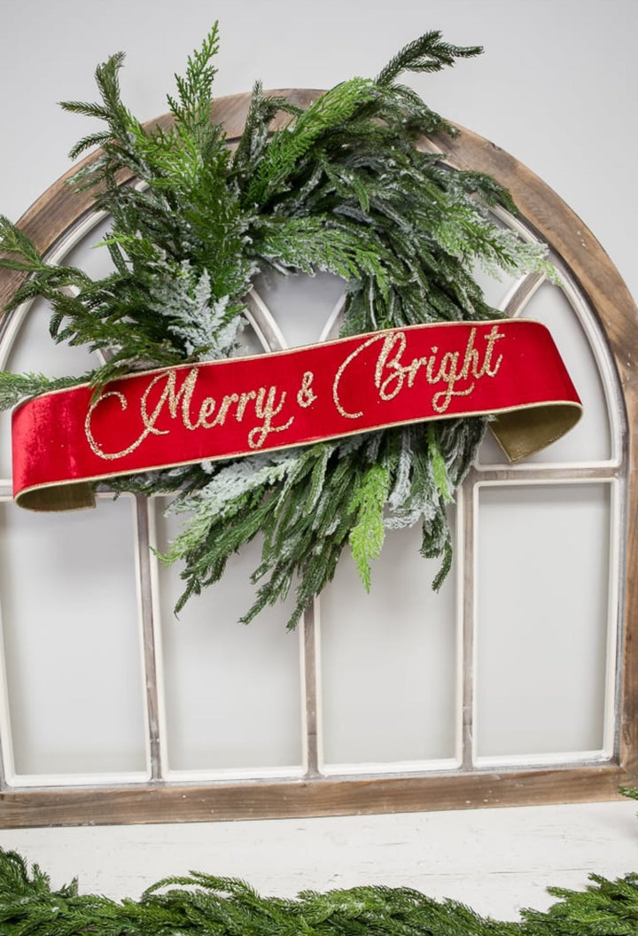 Red Farrisilk velvet Merry & Bright banner - 4” - Greenery Marketwired ribbonRG833 - 02