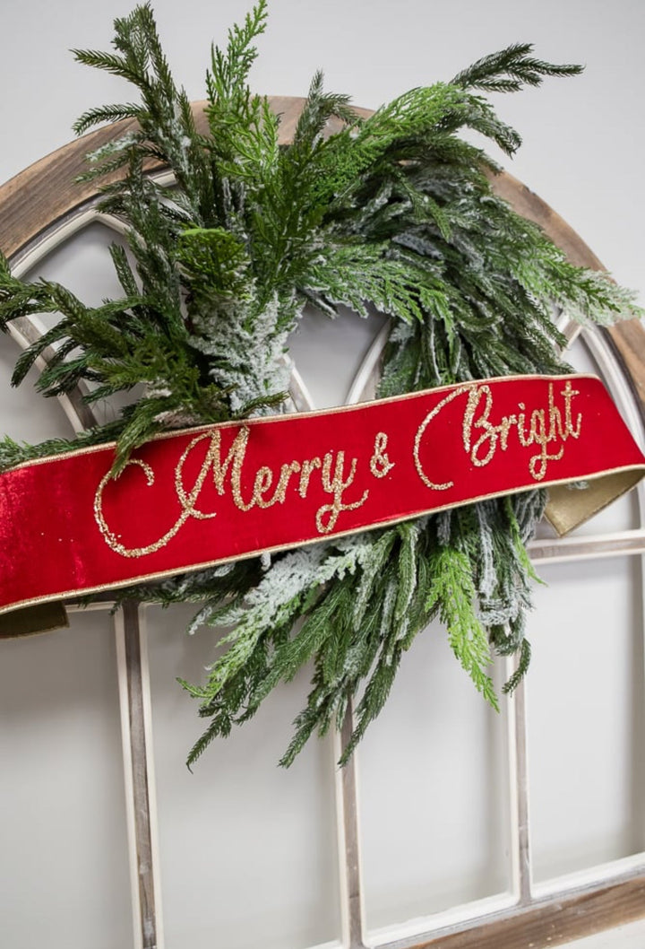Red Farrisilk velvet Merry & Bright banner - 4” - Greenery Marketwired ribbonRG833 - 02