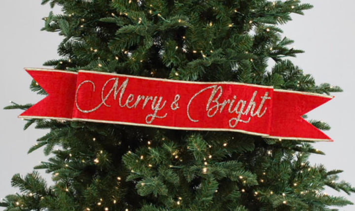 Red Farrisilk velvet Merry & bright banner - 4” - Greenery Marketwired ribbonRG833-02